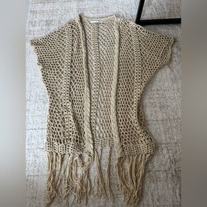 Beige Crochet Fringe Open-Front Sweater Kimono Boston Proper